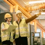 Industrial engineers in hard hats discuss new project while using blue print in industry manufacturing factory.Engineer and Architect concept.